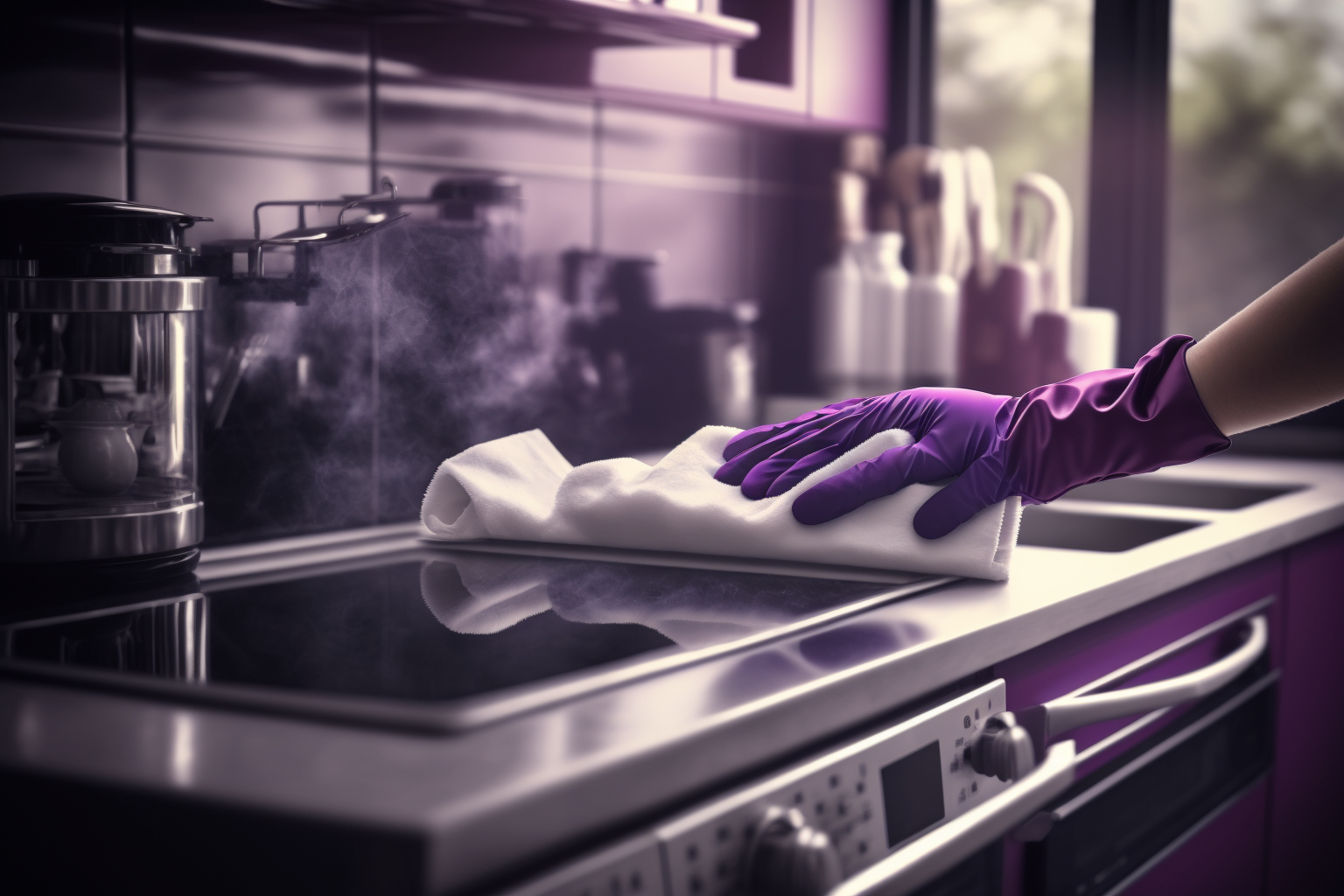 Muuttosiivousta tekevä muuttosiivooja pyyhkii keittiön tasoa violetti hanska kädessään muuttosiivouksen yhteydessä, violetti keittiö.