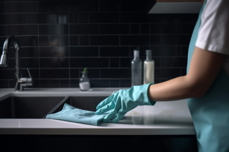 Muuttosiivousta tekevä muuttosiivooja pyyhkii keittiön tasoa turkoosi hanska kädessään muuttosiivouksen yhteydessä.
