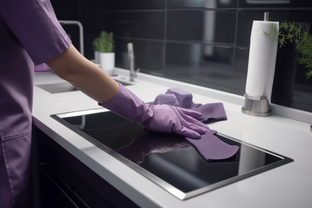 Muuttosiivousta tekevä muuttosiivooja pyyhkii keittiön tasoa violetti hanska kädessään muuttosiivouksen yhteydessä.
