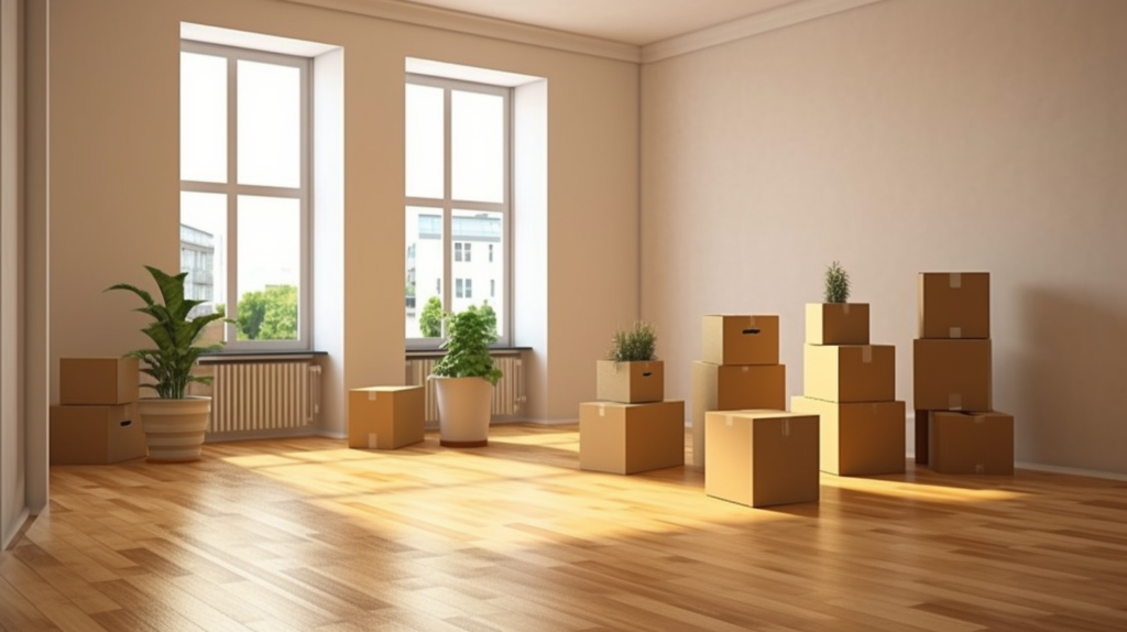 Muuttolaatikot odottavat muuttoa tyhjässä asunnossa ennen kuin asuntoon toteutetaan muuttosiivous.